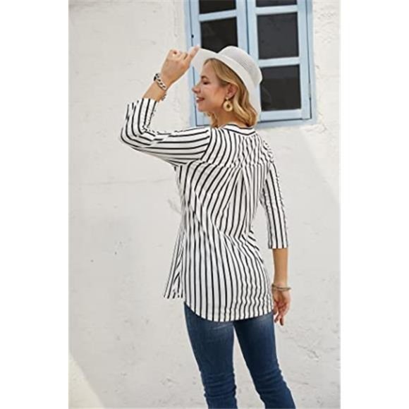 Women's 3/4 Sleeve Plaid Shirts Zip Floral Casual Tunic Blouse Tops - Picture 3 of 5